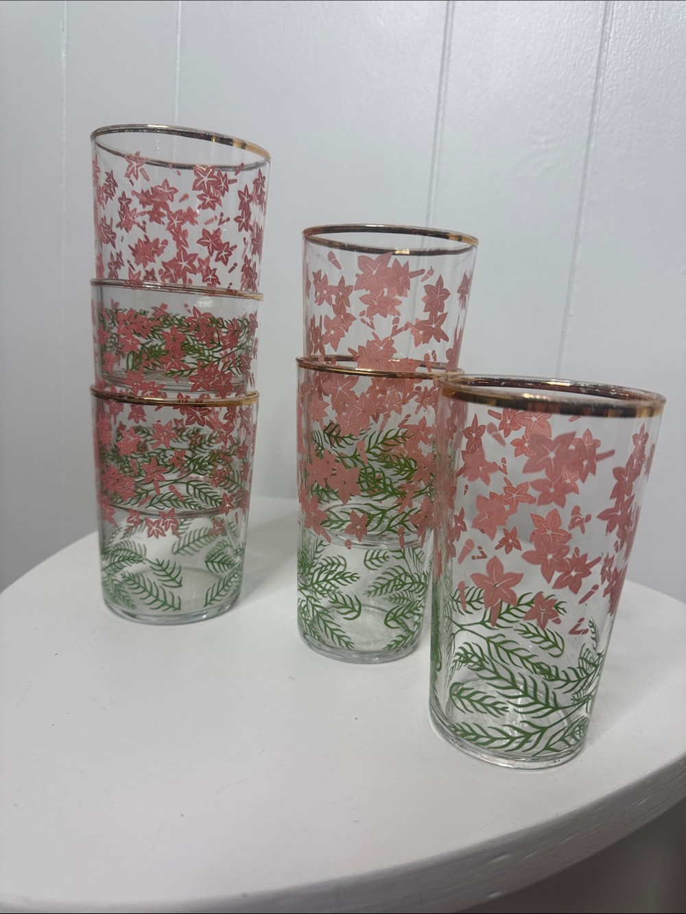 Vintage mid century drinking glasses pink floral